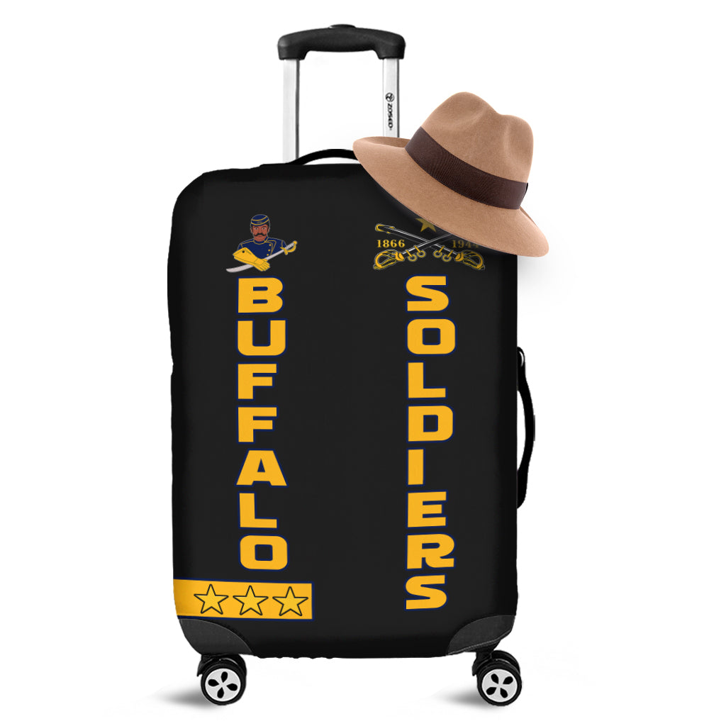 Black motorcycle luggage cover with Buffalo Soldiers BSMC club graphic