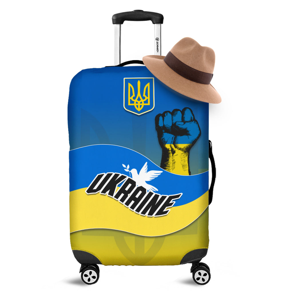 Ukraine luggage cover with blue-yellow flag graphic, trident emblem and fist art, front view