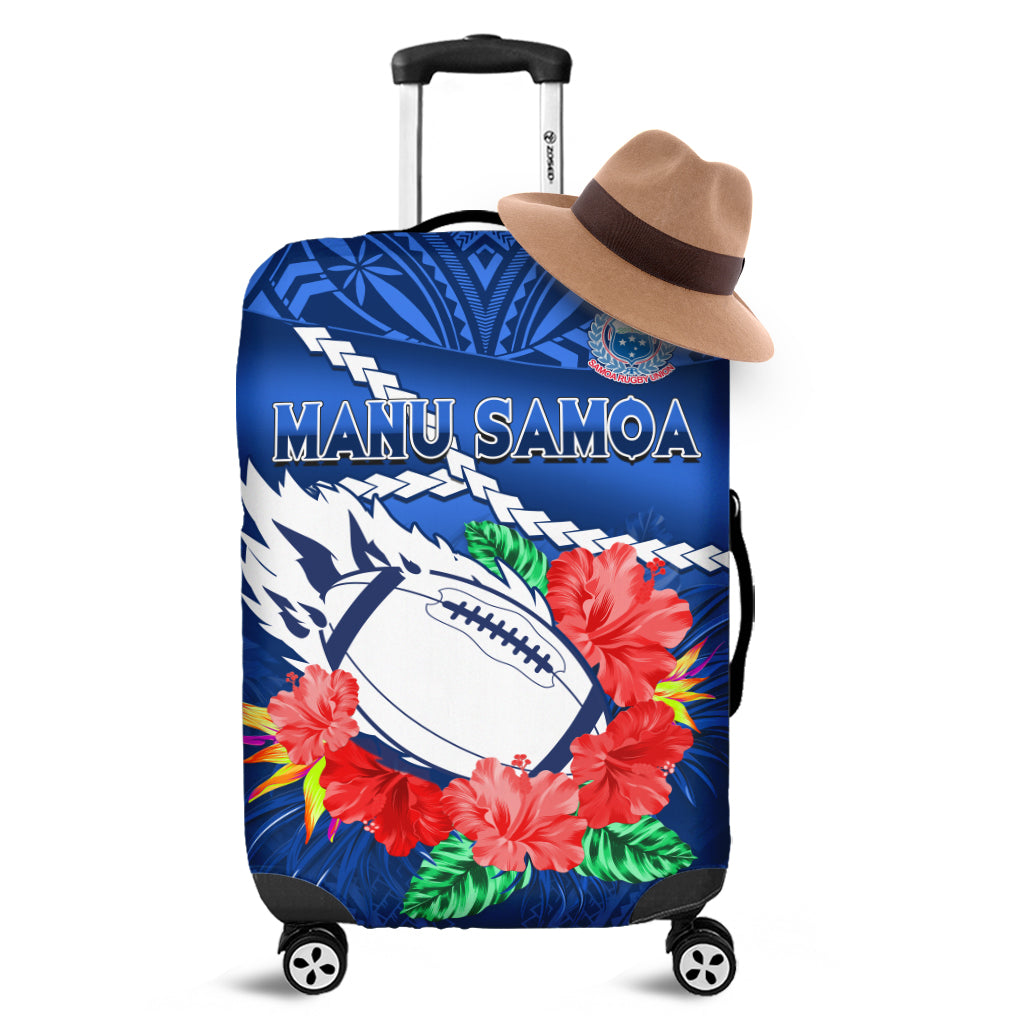 Blue Samoa rugby luggage cover with Manu Samoa text, football and red hibiscus flowers