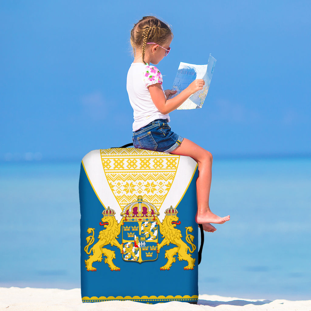 Sweden Luggage Cover Swedish Coat Of Arms With Scandinavian Flowers - Wonder Print Shop