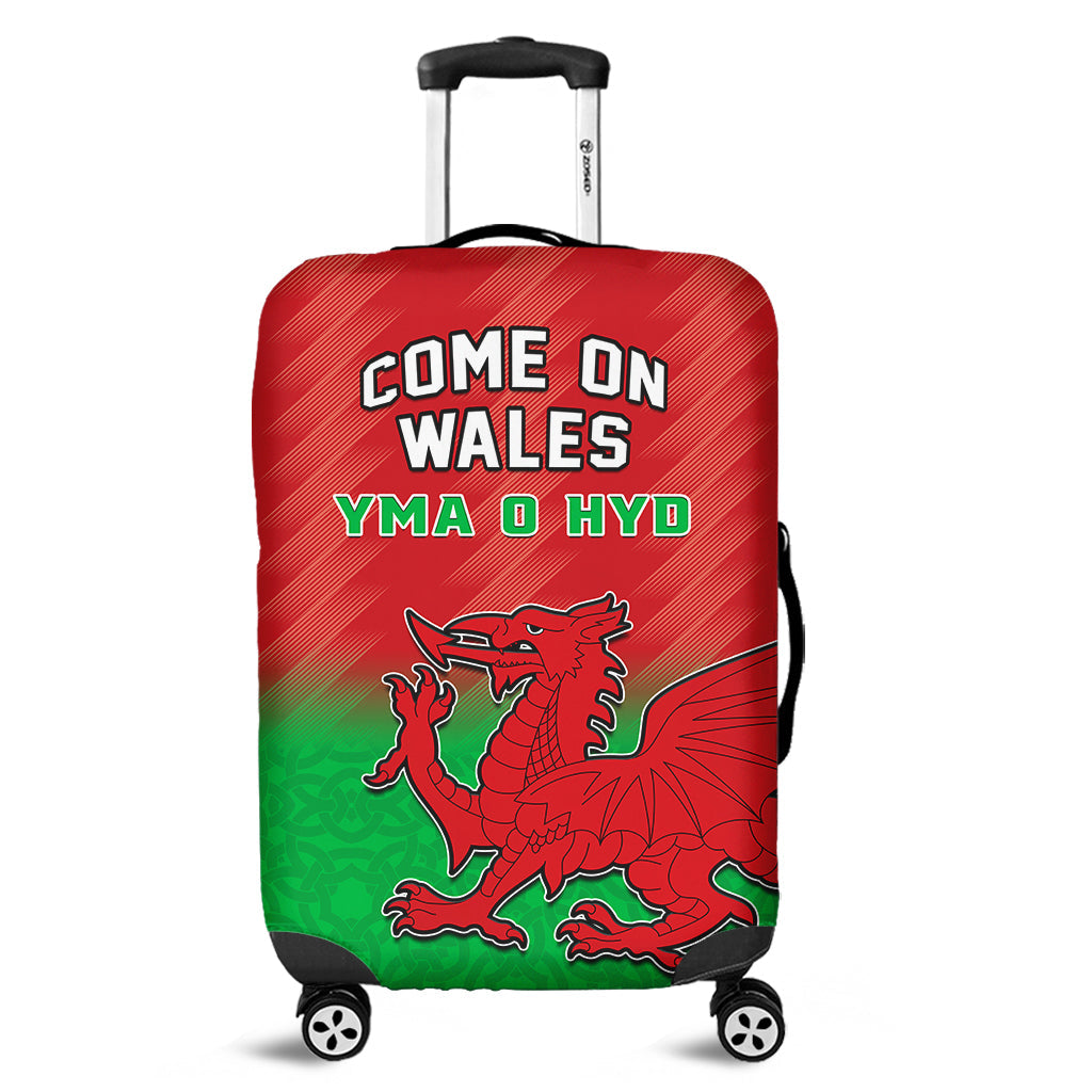 Red suitcase luggage cover with Welsh dragon and 'COME ON WALES' lettering