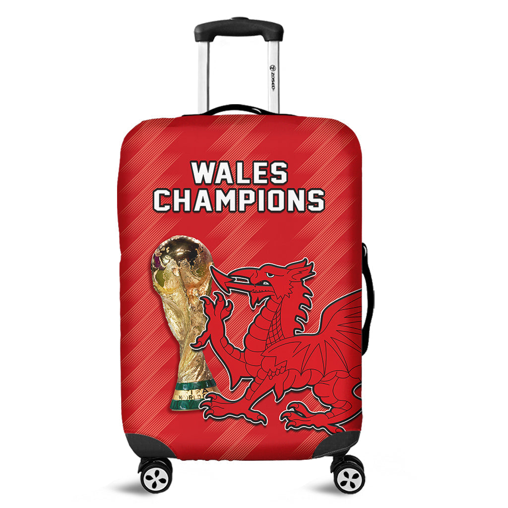 Red luggage cover with Wales Champions text and Wales dragon crest, fitted over wheeled suitcase