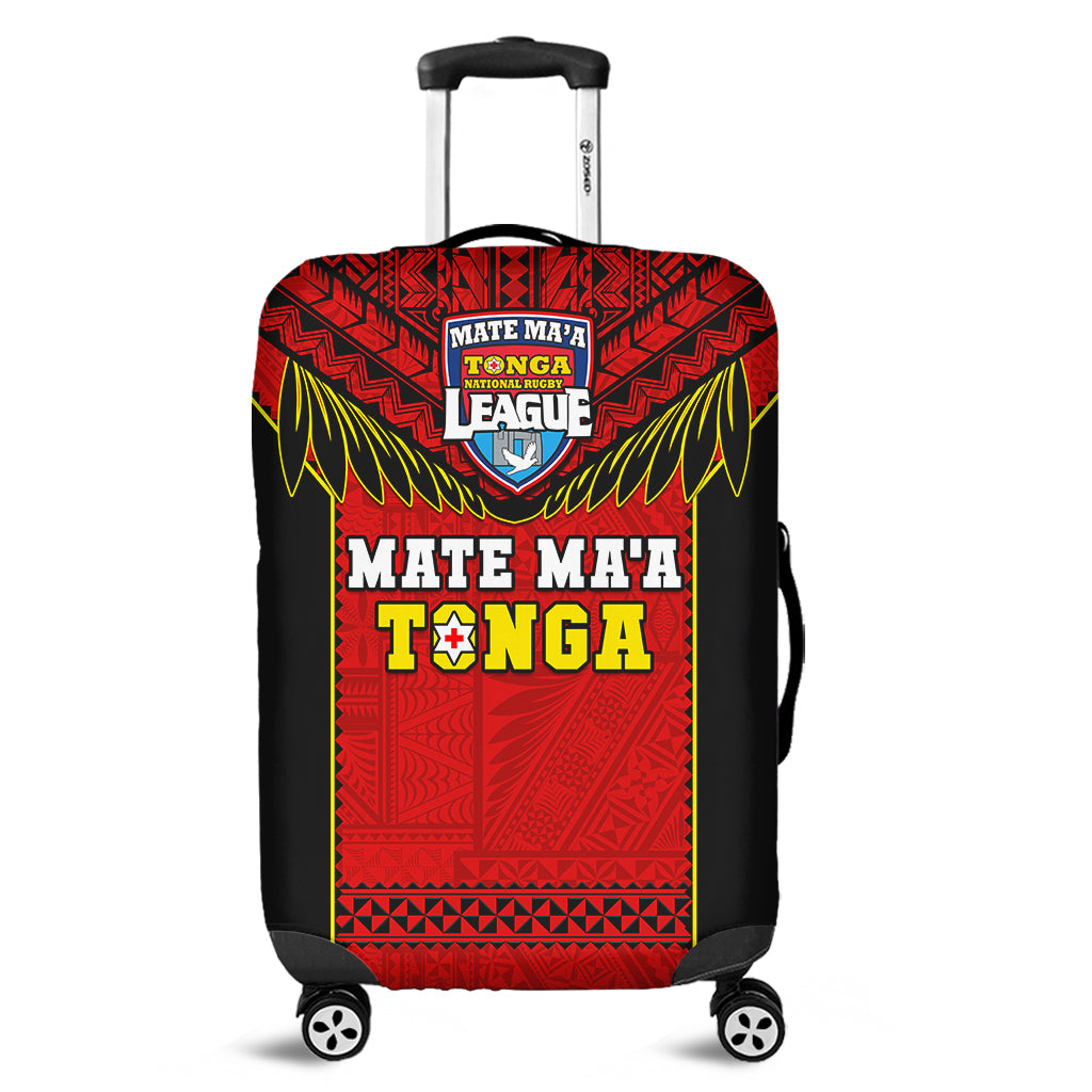 Rugby luggage cover, red and black patterned front with zip opening and side straps