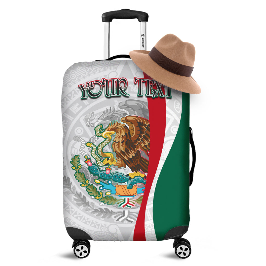 Mexico luggage suitcase, white with colorful eagle and Aztec pattern, green/red stripe, 4 wheels