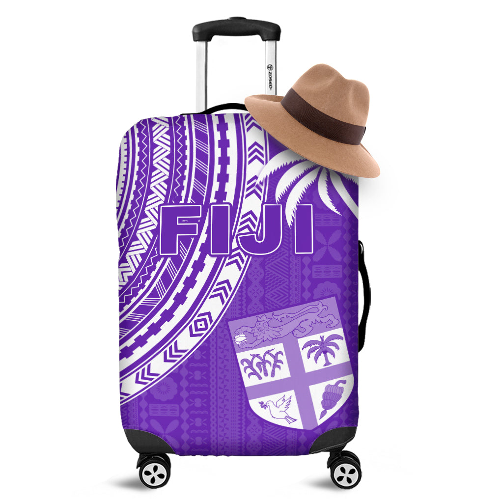 Purple luggage cover with Polynesian tapa pattern and team shield design