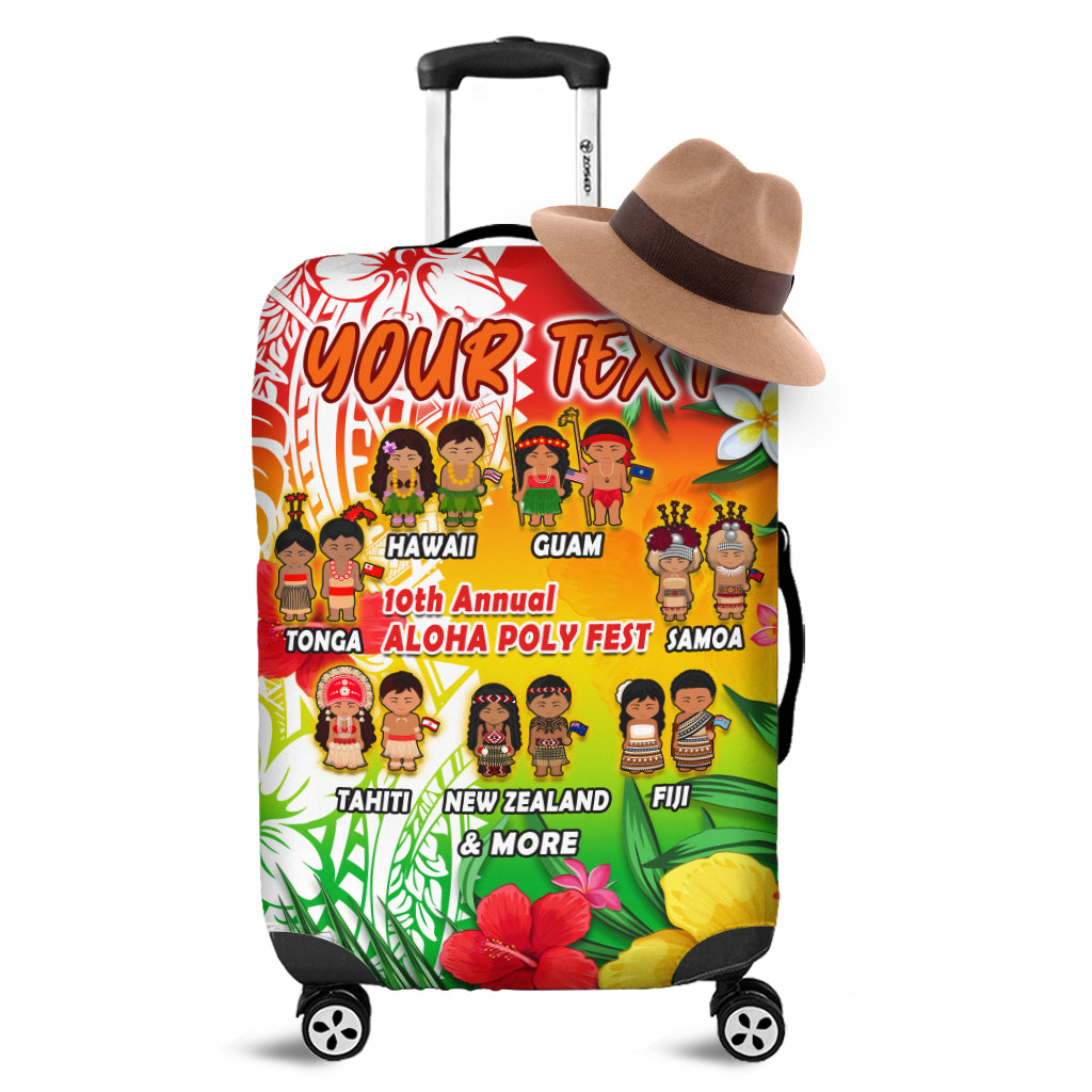 Luggage cover with red and green tropical floral and tiki pattern, full suitcase view