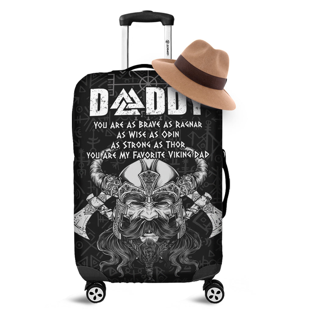 Black luggage cover with Viking dad and Odin rune graphics, front view with wheels