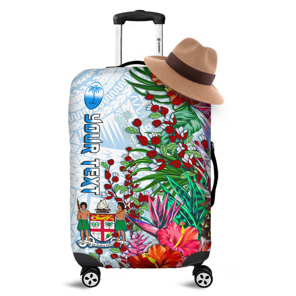 Fiji luggage cover with colorful tropical flowers, green leaves, and FIJI text design