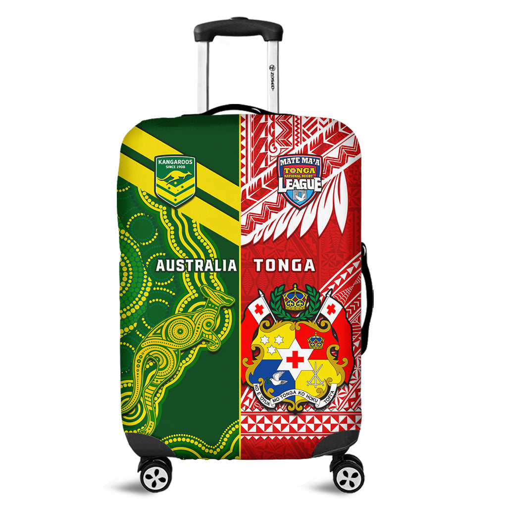 Suitcase luggage cover with red, green and yellow tribal graphics and kangaroo emblem