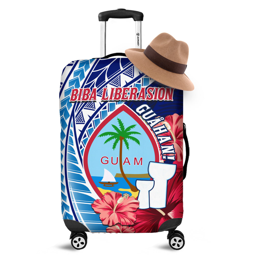 Blue Guam liberation day luggage cover with map, palm tree and hibiscus, full suitcase fit