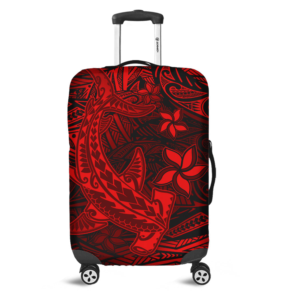 Red and black Polynesian-style luggage cover with tribal hammerhead shark print