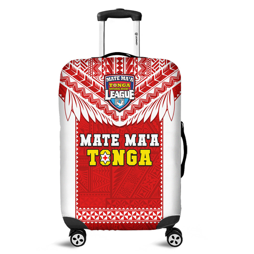 Red luggage cover with tribal geometric pattern and Tonga Rugby emblem