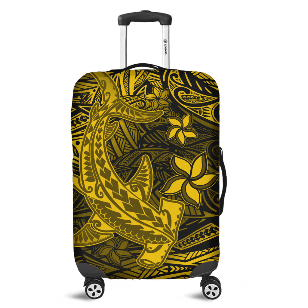 Gold and black luggage cover with Polynesian tribal hammerhead shark design