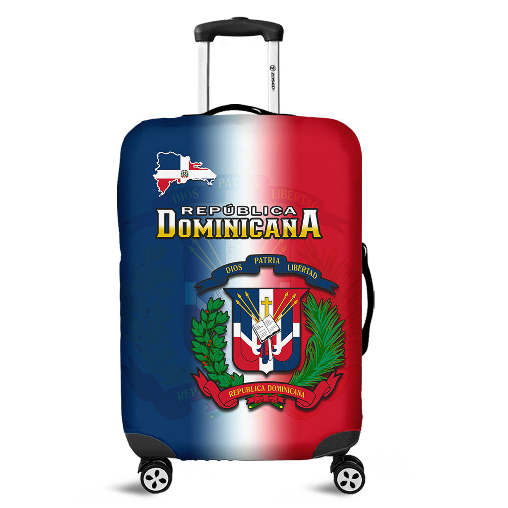 Dominican Republic luggage cover with coat of arms and blue-to-red gradient
