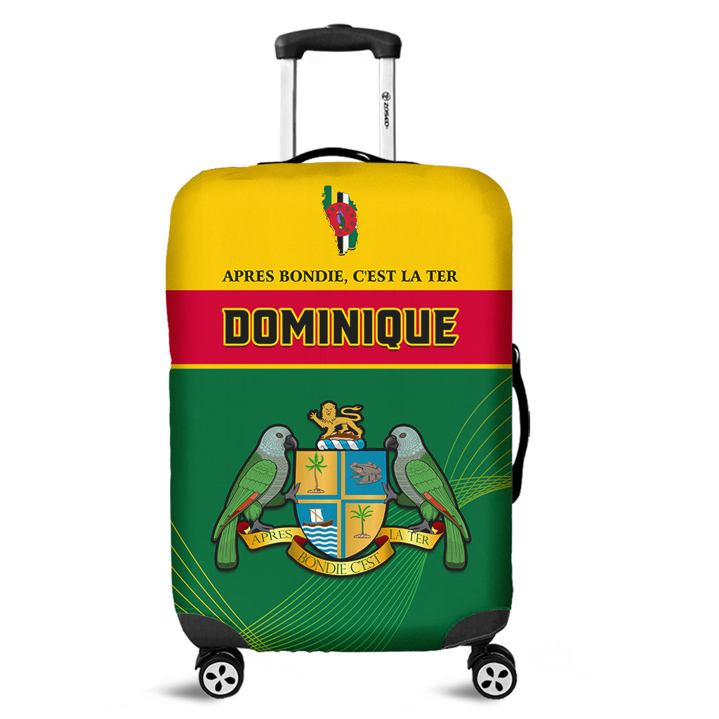 Green luggage cover for suitcase with Dominica coat of arms emblem, full wrap, view of wheels.