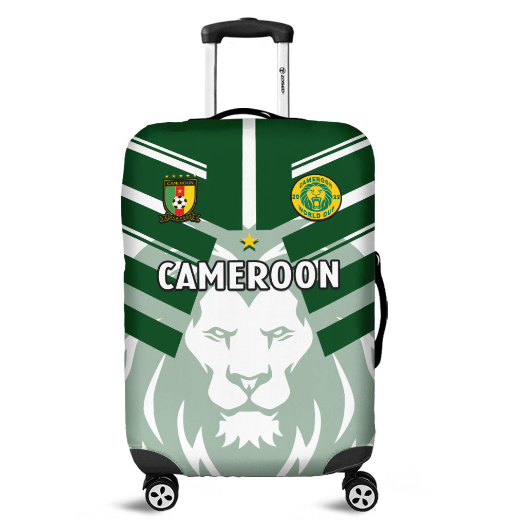 Cameroon football luggage cover with green stripes and lion emblem, zippered fit
