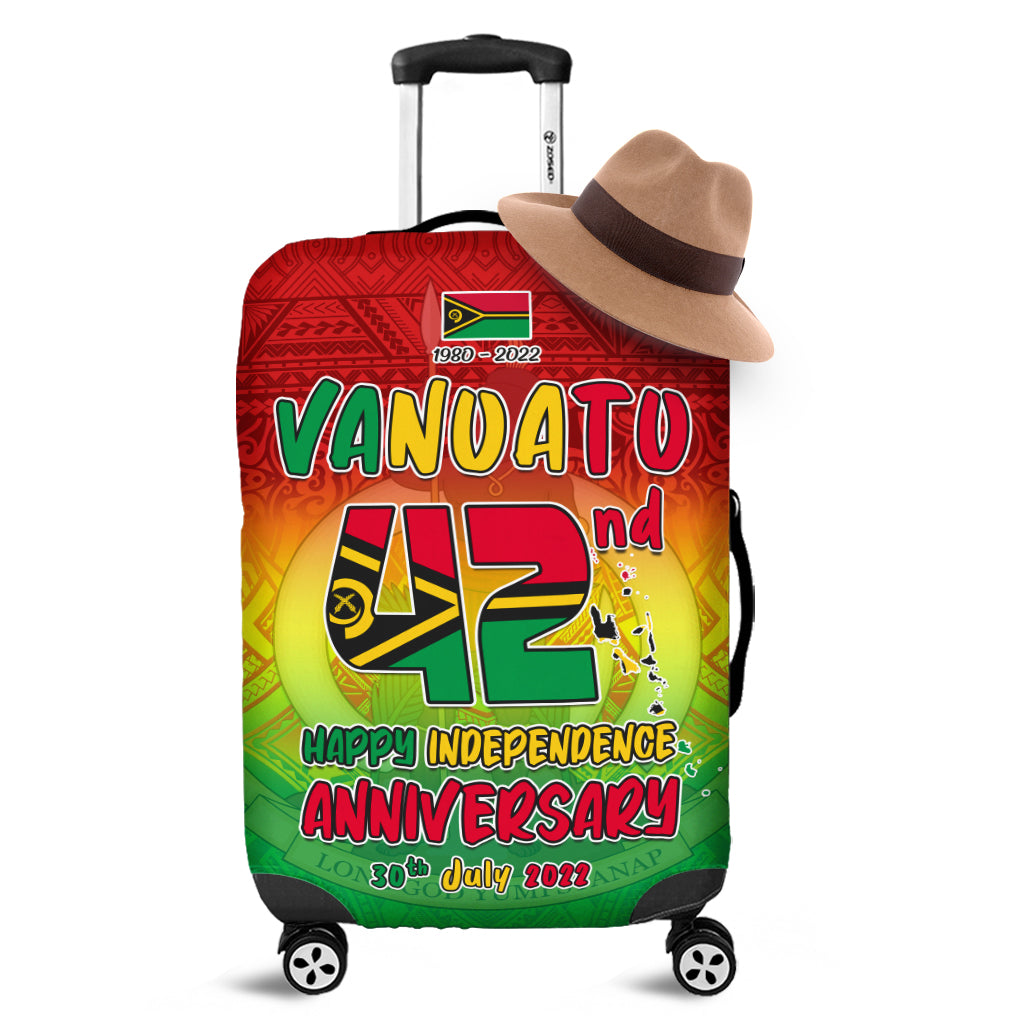 Red Vanuatu independence luggage cover, 1980–2022 flag graphic and anniversary text
