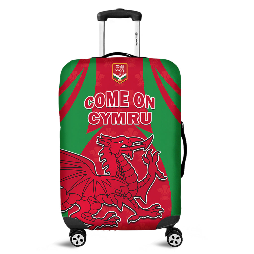 Rugby luggage cover in green and red with Welsh dragon graphic and Come On Cymru text
