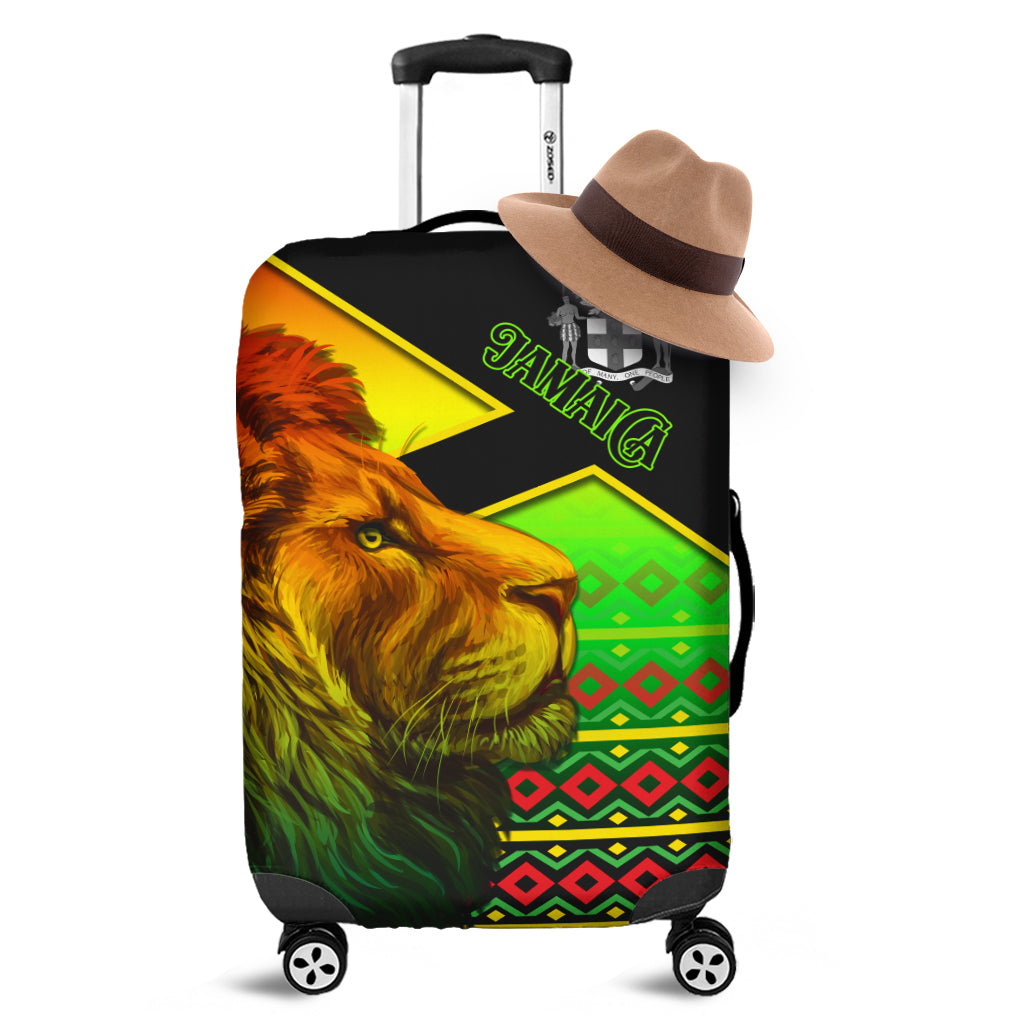 Multicolor Jamaica lion luggage cover with reggae geometric pattern, elastic fit over suitcase