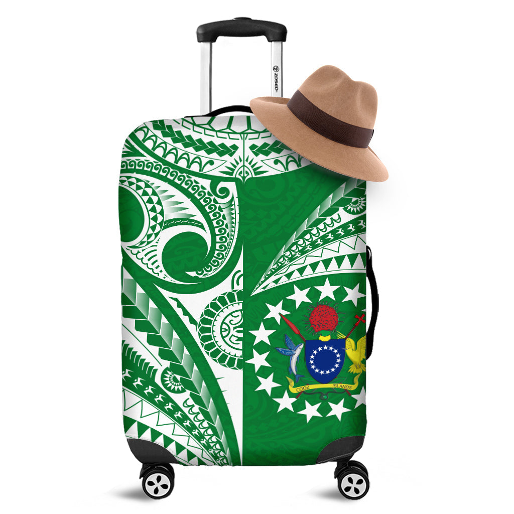 Green luggage cover with Cook Islands tatau tribal print and star emblem