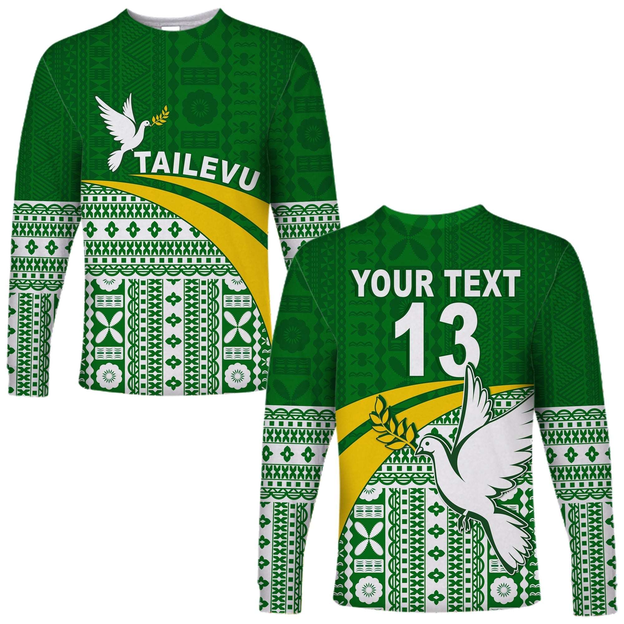 (Custom Text and Number) Tailevu Rugby Long Sleeve Shirt Fiji Rugby Tapa Pattern Green LT13 - Wonder Print Shop