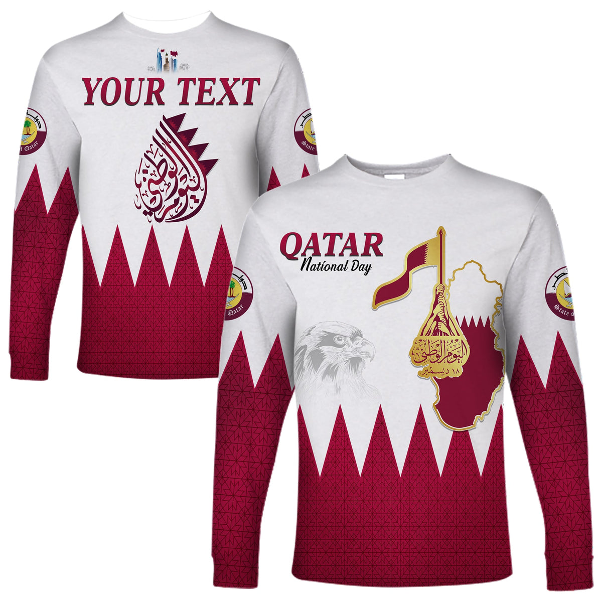 Unisex Langarmshirt weiß mit „YOUR TEXT“, Qatar-Emblem und rotem Wellenmotiv