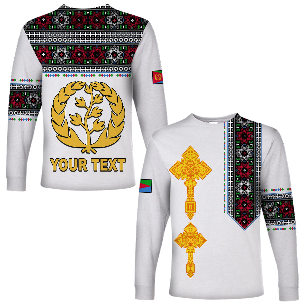 White long-sleeve shirt: gold tree wreath and 'YOUR TEXT' on patterned back yoke