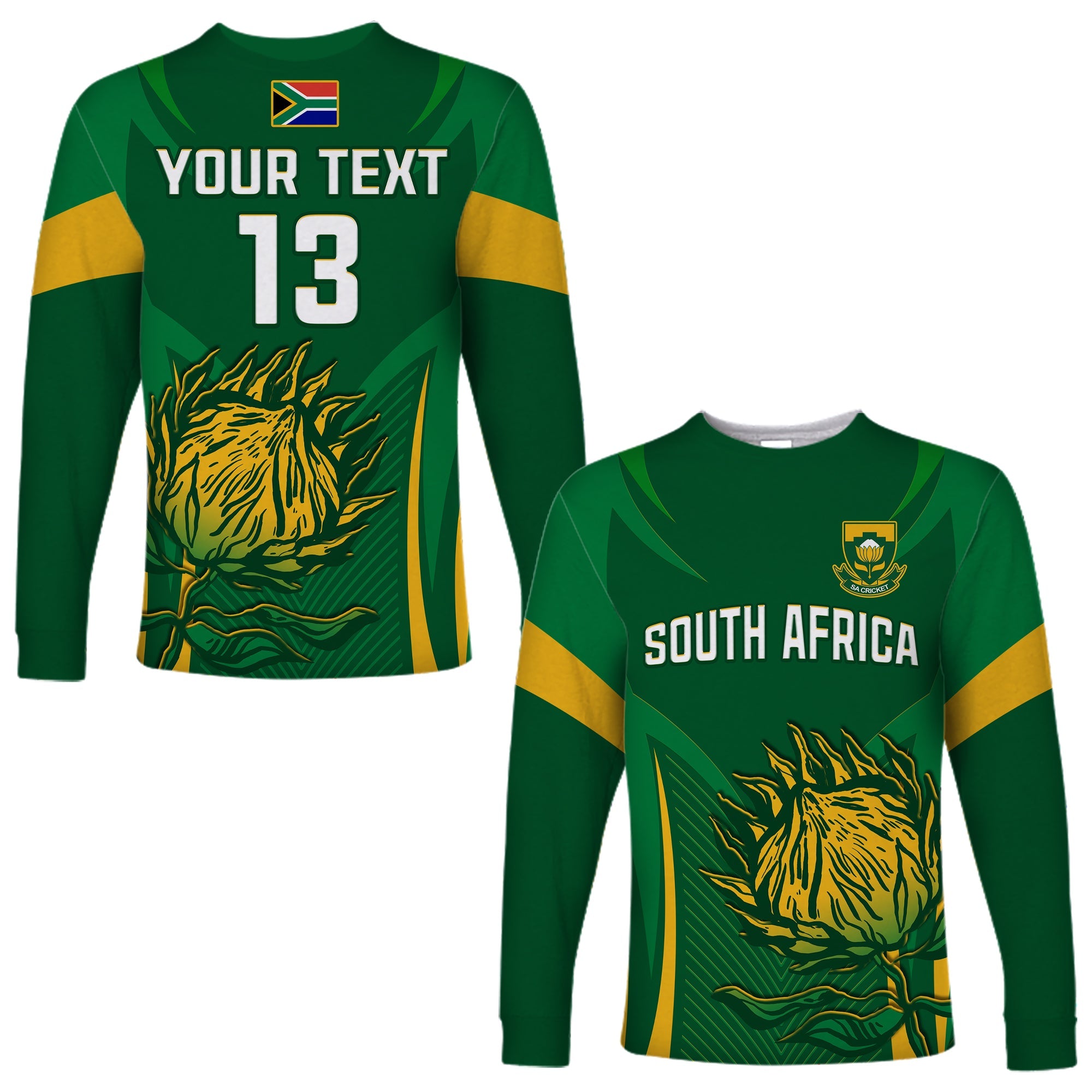 (Custom Text and Number) South Africa Cricket Long Sleeve Shirt Proteas Champion LT13 - Wonder Print Shop