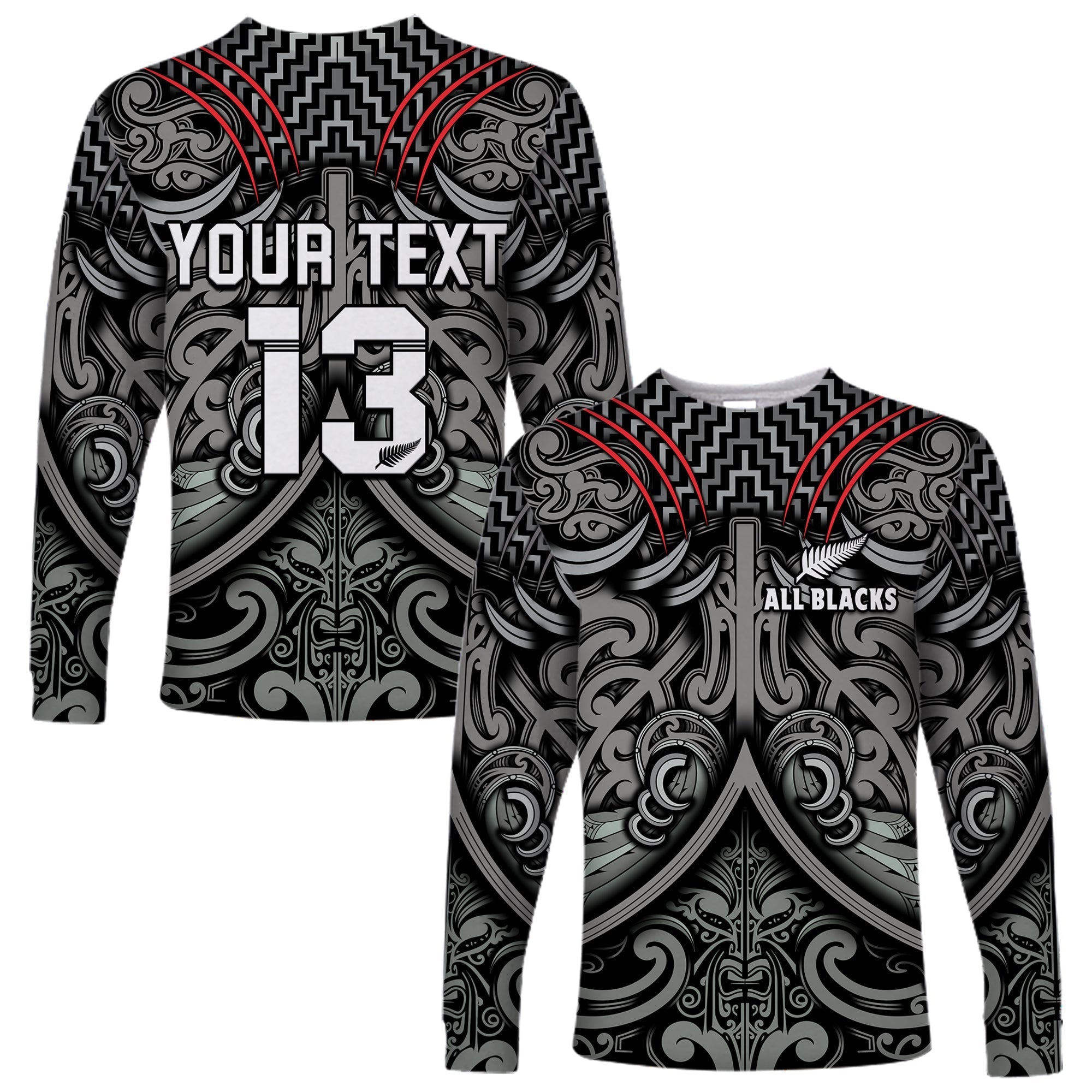 Custom Text and Number New Zealand Silver Fern Rugby Long Sleeve Shirt All Black NZ Maori Pattern LT13 - Wonder Print Shop