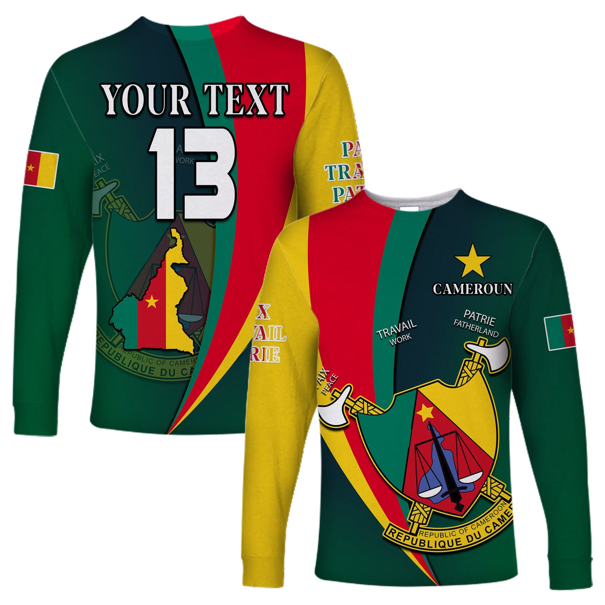 Cameroon Langarmshirt, Frontdruck „YOUR TEXT 13“ in Grün/Rot/Gelb