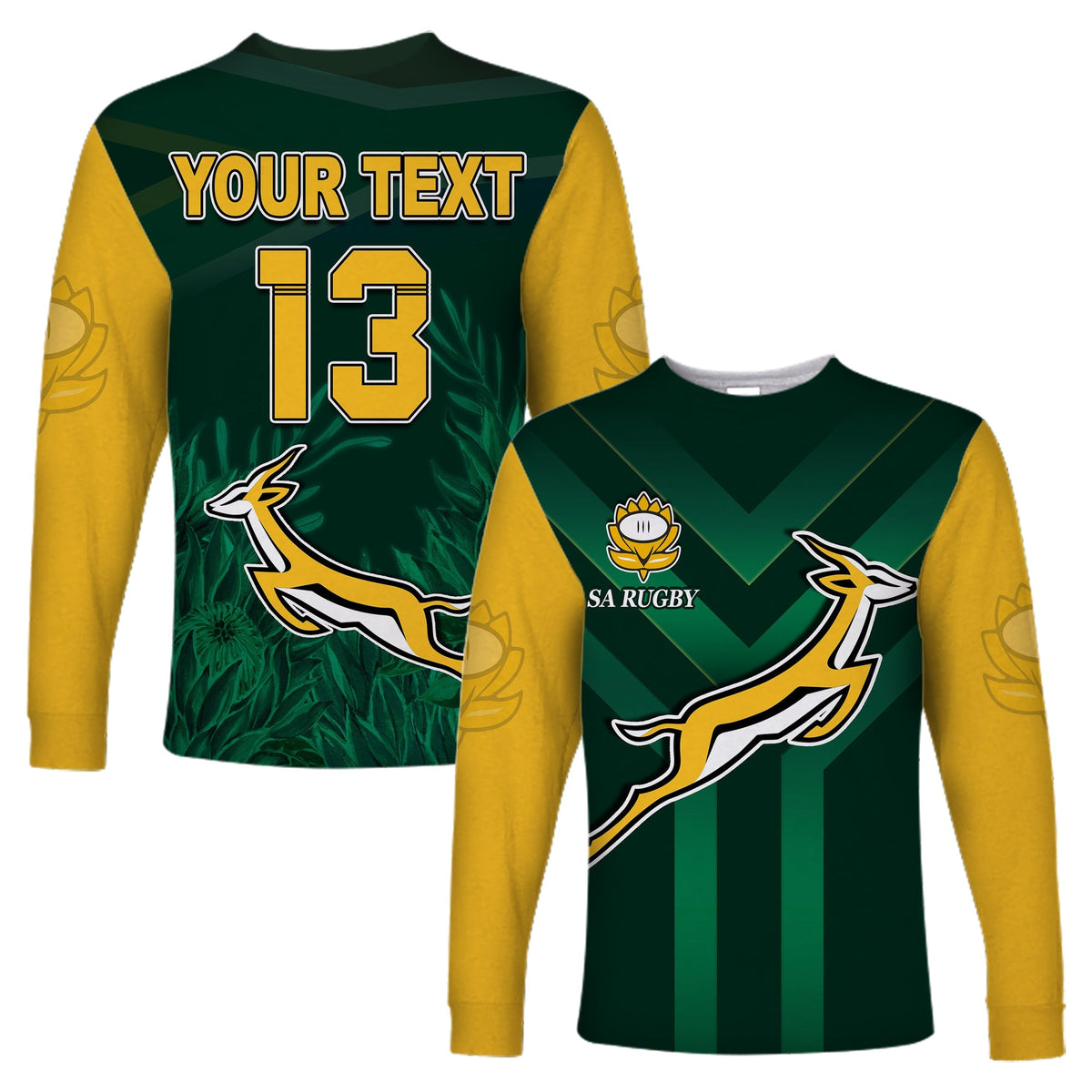Green rugby long-sleeve shirt with custom text and number 13, yellow sleeves