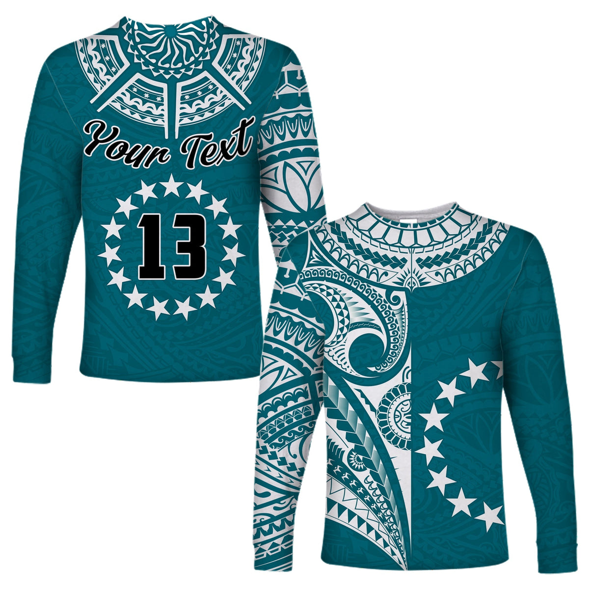 Blue unisex long-sleeve shirt with 'Your Text' and star circle number 13 front