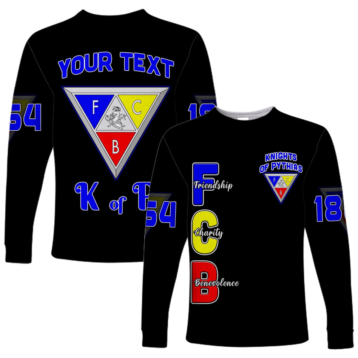 Black long-sleeve unisex shirt with YOUR TEXT triangle crest, sleeves 54 and 18