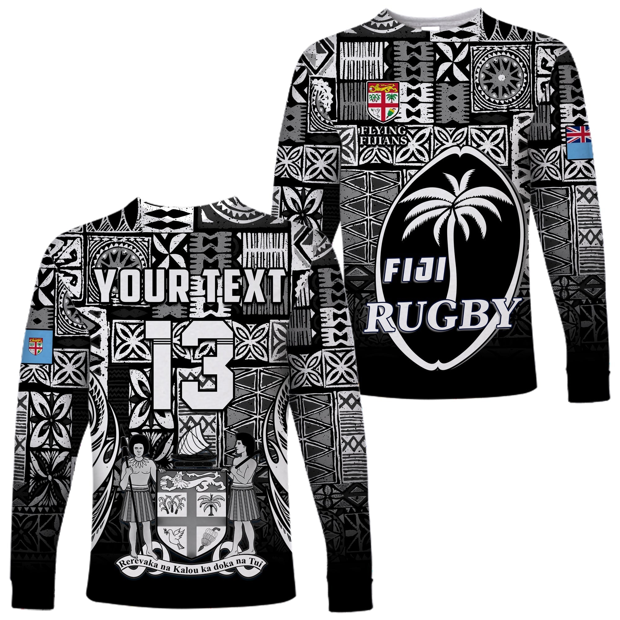 (Custom Text and Number) Fiji Rugby Long Sleeve Shirt Flying Fijians Black Tapa Pattern LT13 - Wonder Print Shop