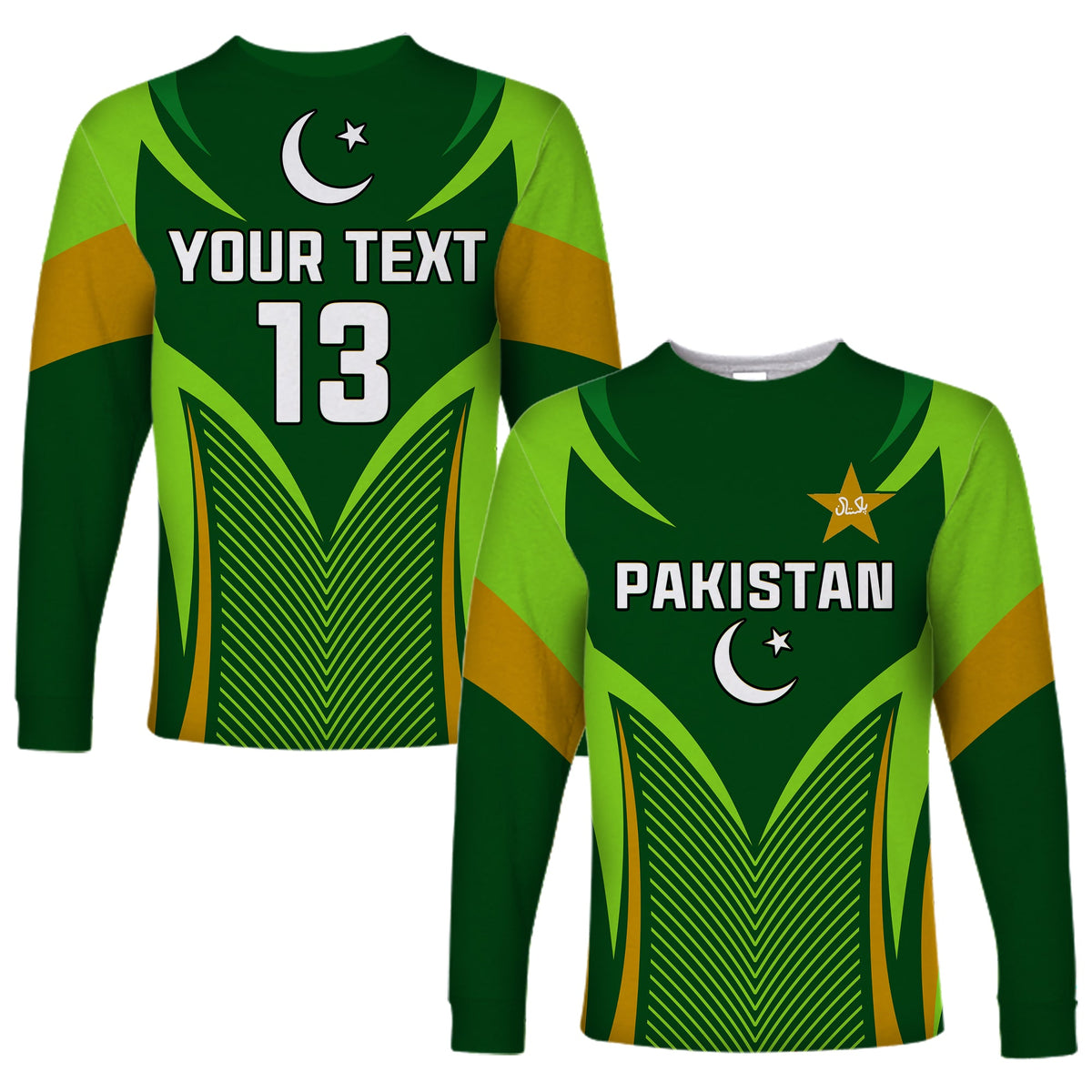 Green long-sleeve Pakistan cricket shirt, star and crescent logo, custom text and number 13
