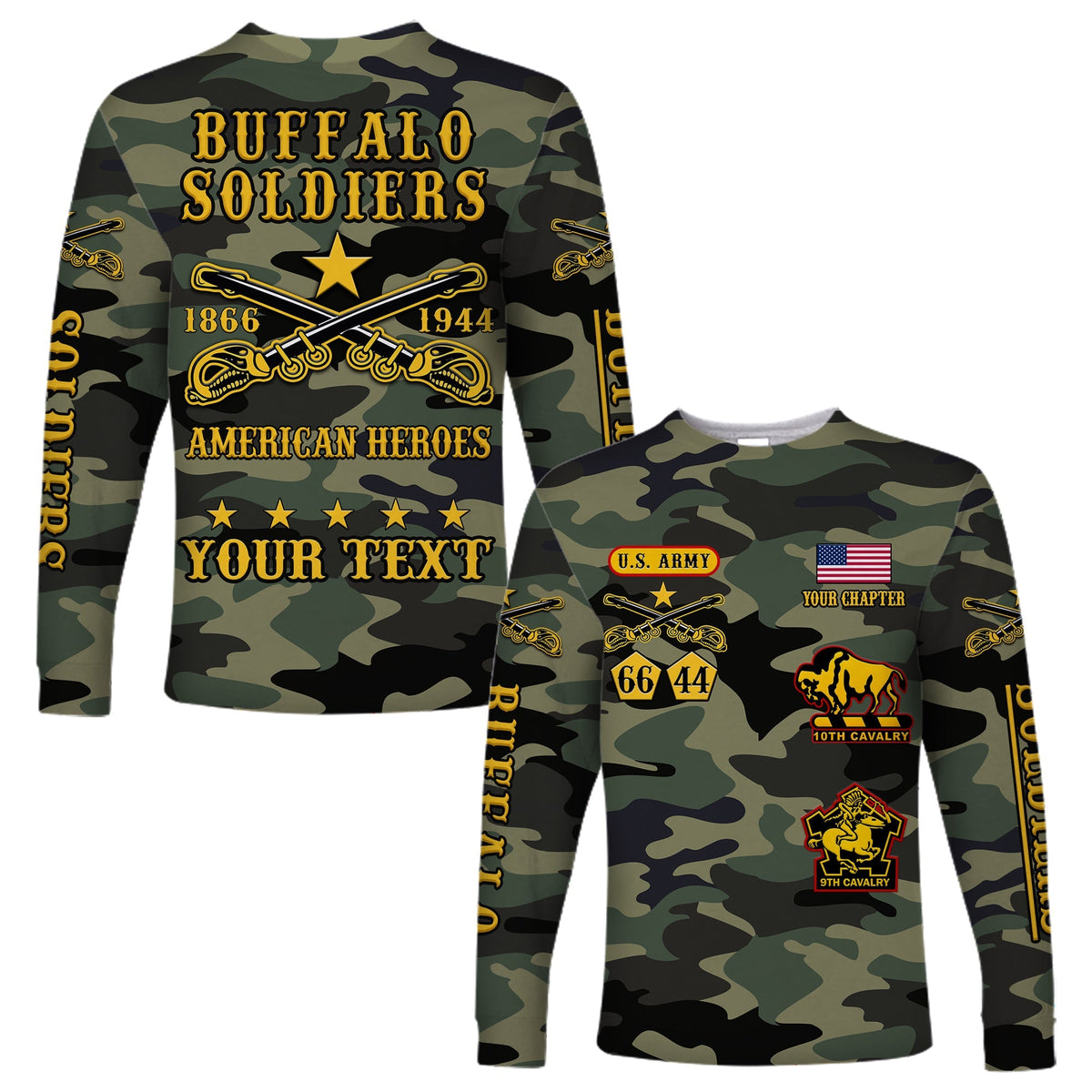 Unisex camo long-sleeve shirt: Buffalo Soldiers emblem with Your Text.