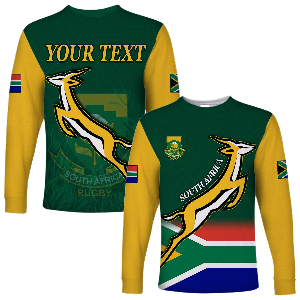 Green rugby long-sleeve shirt with yellow sleeves, 'YOUR TEXT' front print