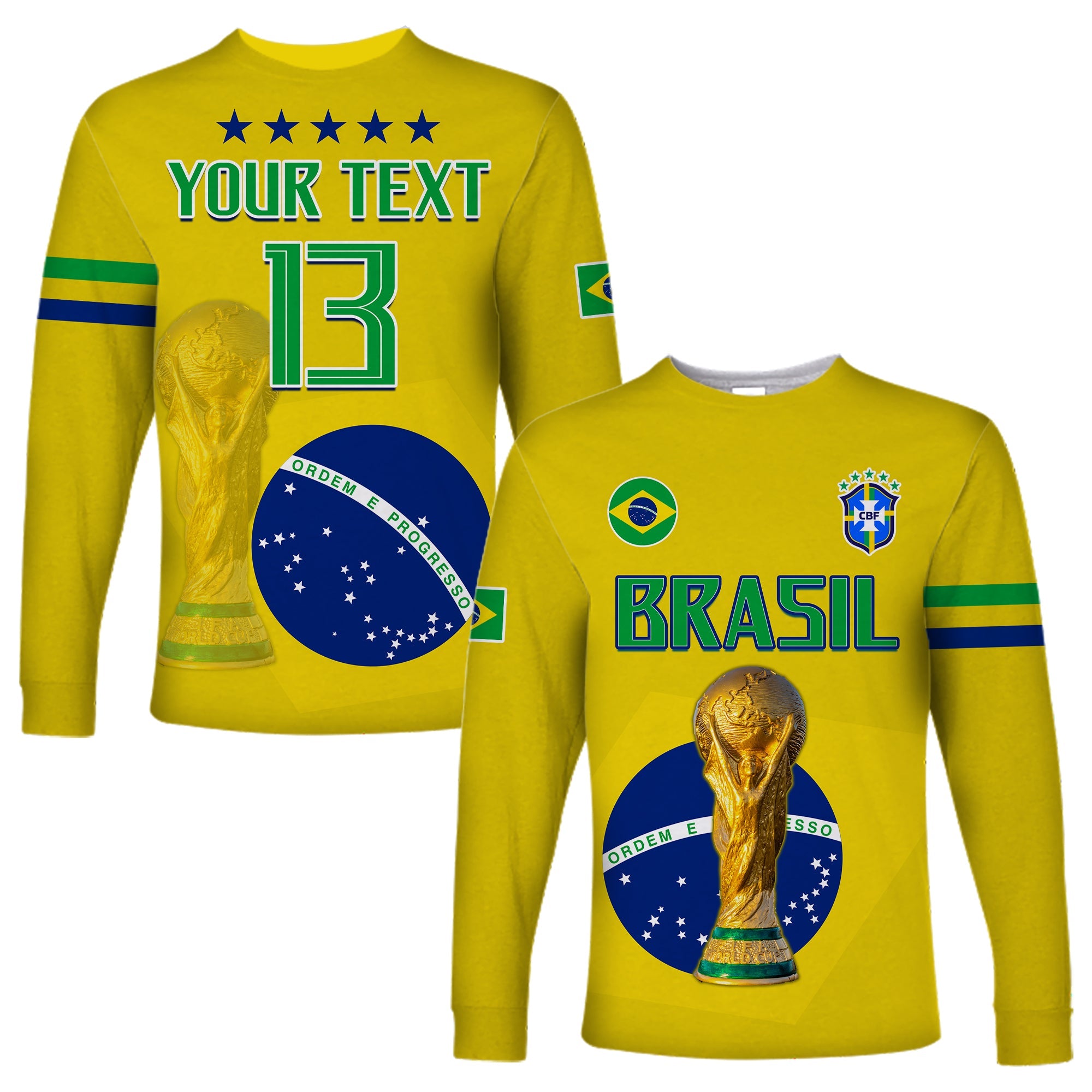 (Custom Text and Number) Brazil Football Long Sleeve Shirt Go Champions Selecao Campeao LT13 - Wonder Print Shop