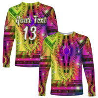 Unisex long-sleeve shirt, multicolor dashiki pattern with “Your Text 13” on back