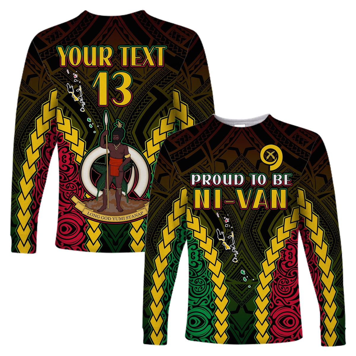 Unisex long-sleeve shirt, black, Vanuatu-inspired pattern with “YOUR TEXT” & 13