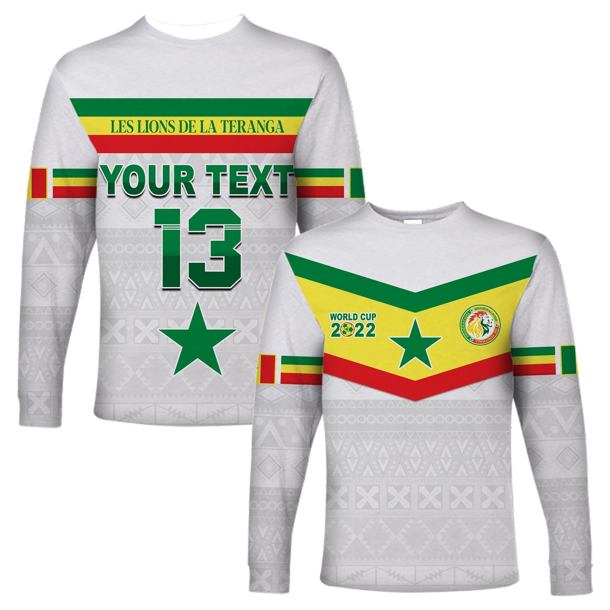 (Custom Text and Number) Senegal Football 2022 Long Sleeve Shirt Champion Teranga Lions Mix African Pattern LT13 - Wonder Print Shop