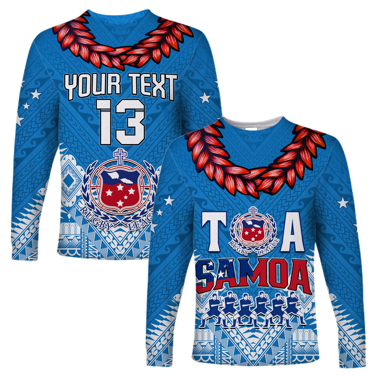 Blue rugby long sleeve shirt with red wreath, crest, and number 13