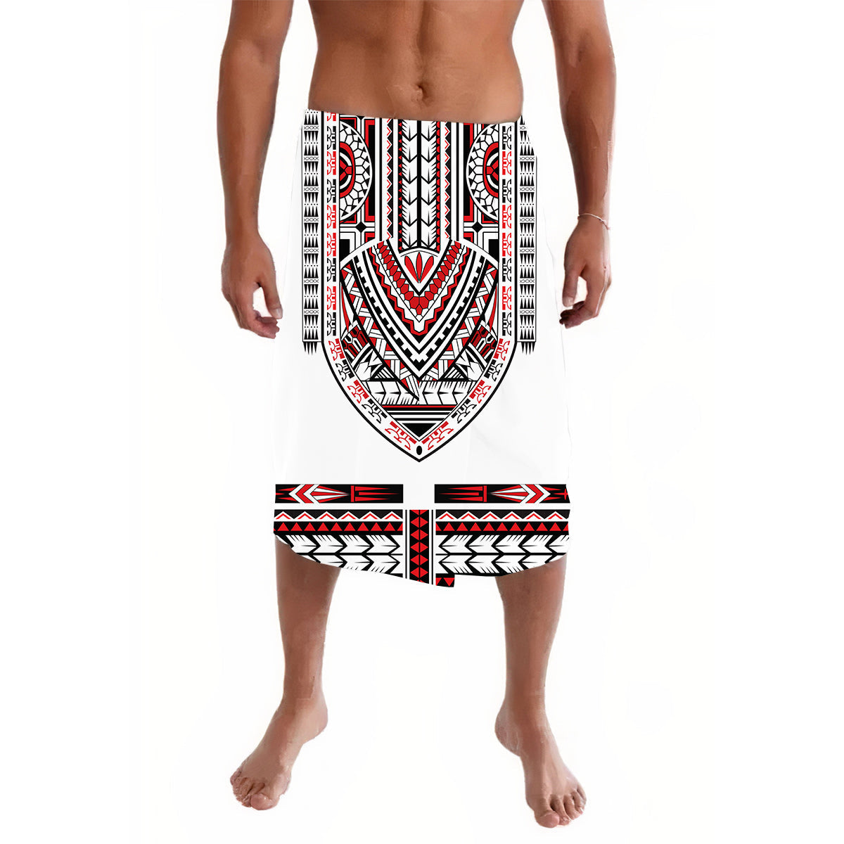 White lavalava dashiki with Polynesian-style black, red, and geometric tattoo patterns