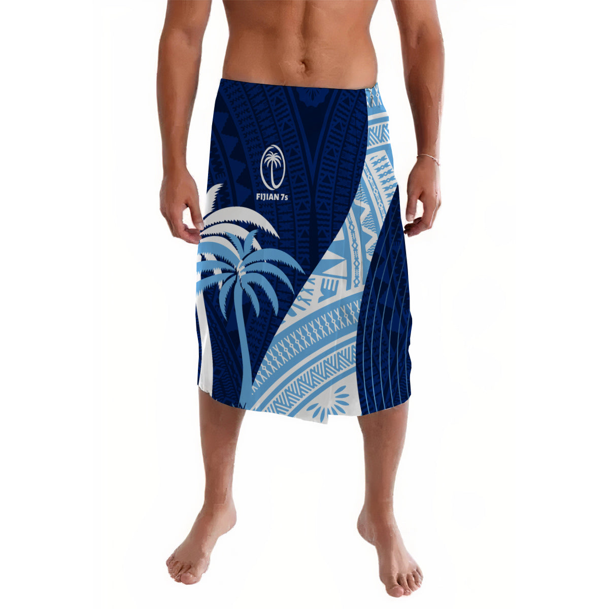 Blue rugby sevens lavalava with palm tree graphic and diagonal pattern, knee length