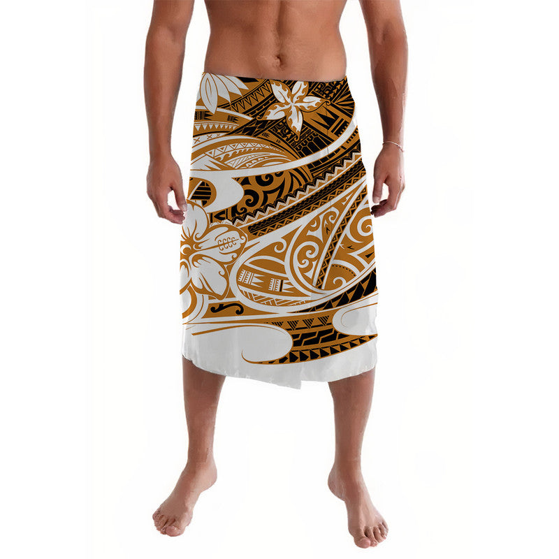 Gold lavalava wrap skirt with Polynesian tribal pattern in black, white, and gold