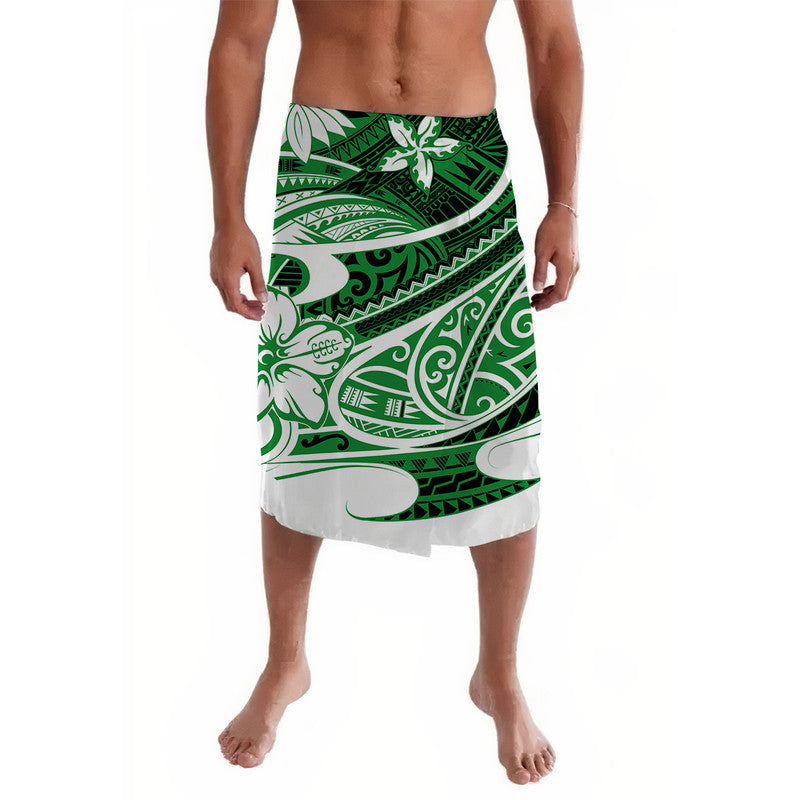 Green Polynesian tribal lavalava skirt with bold white scroll patterns, wrap style.