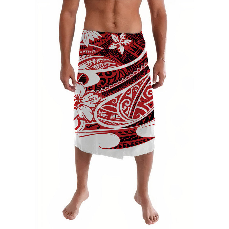 Red tribal-pattern lavalava with wrap-style skirt and white accents