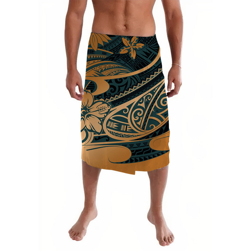 Green Polynesian tribal lavalava wrap skirt with gold wave patterns