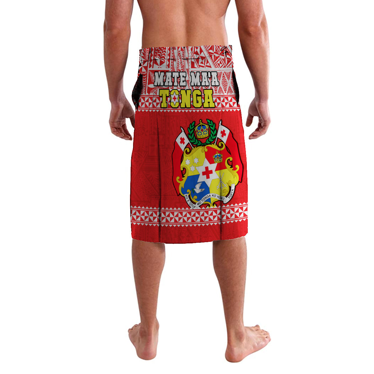 Tonga rugby lavalava skirt, red print with crest emblem and white pattern band