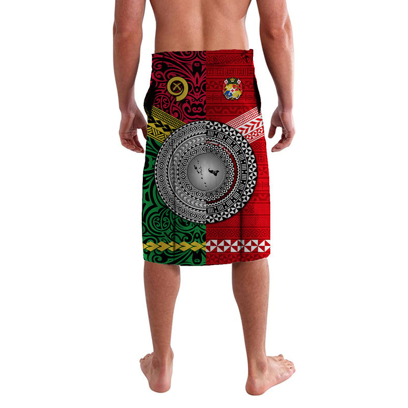 Red wrap-style lavalava skirt with circular emblem and tribal pattern